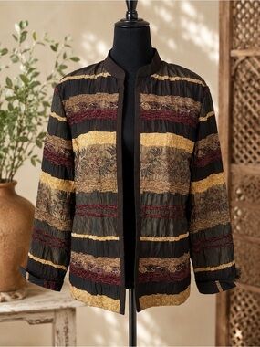 Vintage Jacquard Tapestry Jacket Brown Tan Open Front Artsy Boho Size 10